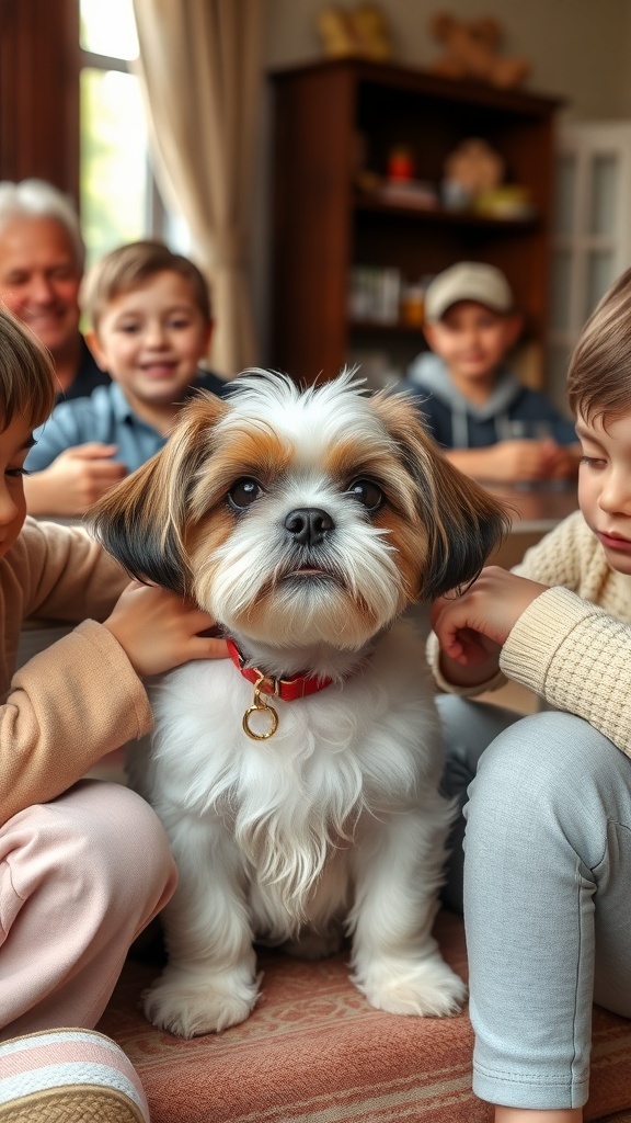 A Shih Tzu dog sitting on a rug surrounded by children, showcasing a loving family moment.