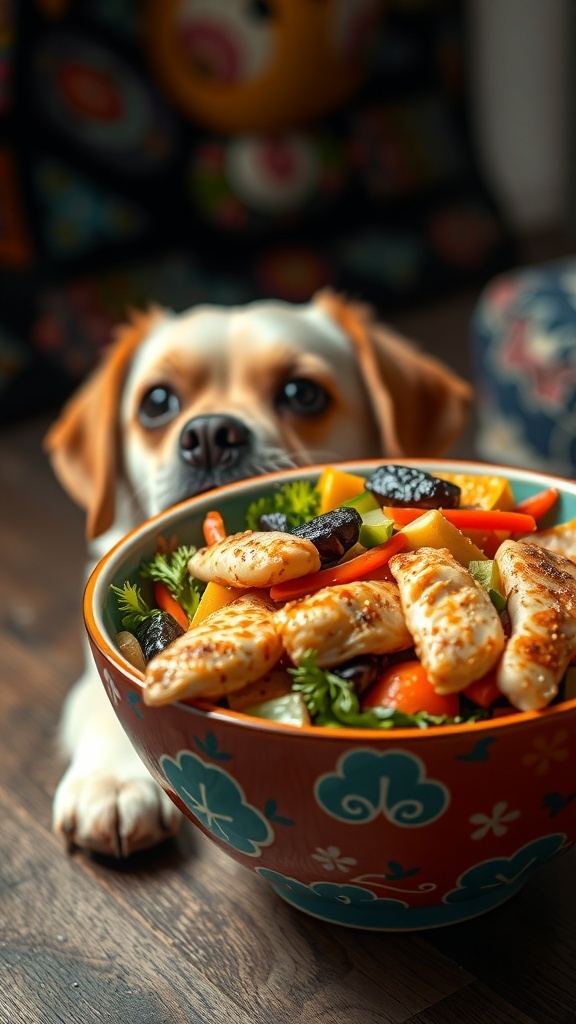 A bowl of fish and vegetable stir-fry with a dog looking at it.