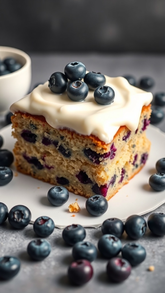 A slice of blueberry yogurt cake topped with yogurt and blueberries, surrounded by fresh blueberries.