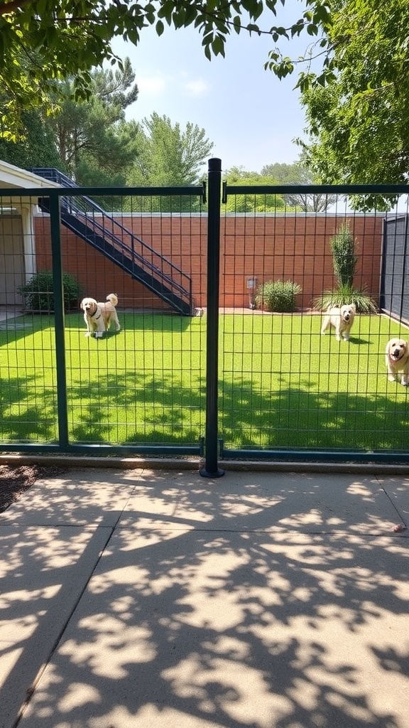 A fenced outdoor area with dogs playing on green grass.