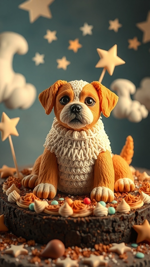 A whimsical dog cake design featuring a cute dog figure with fluffy fur, surrounded by stars and clouds.