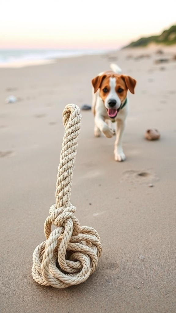 A braided rope toy on the beach with a dog running towards it.