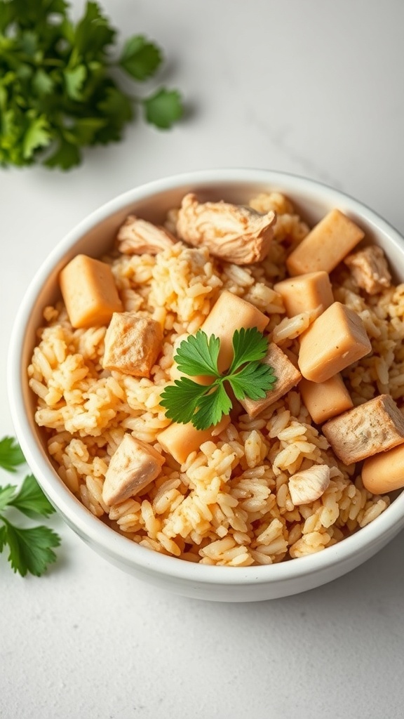 A bowl of chicken and rice for dogs, garnished with cilantro.
