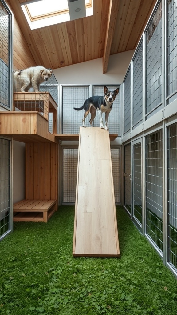 A multi-level dog play area featuring a ramp and grassy flooring, with two dogs exploring the space.