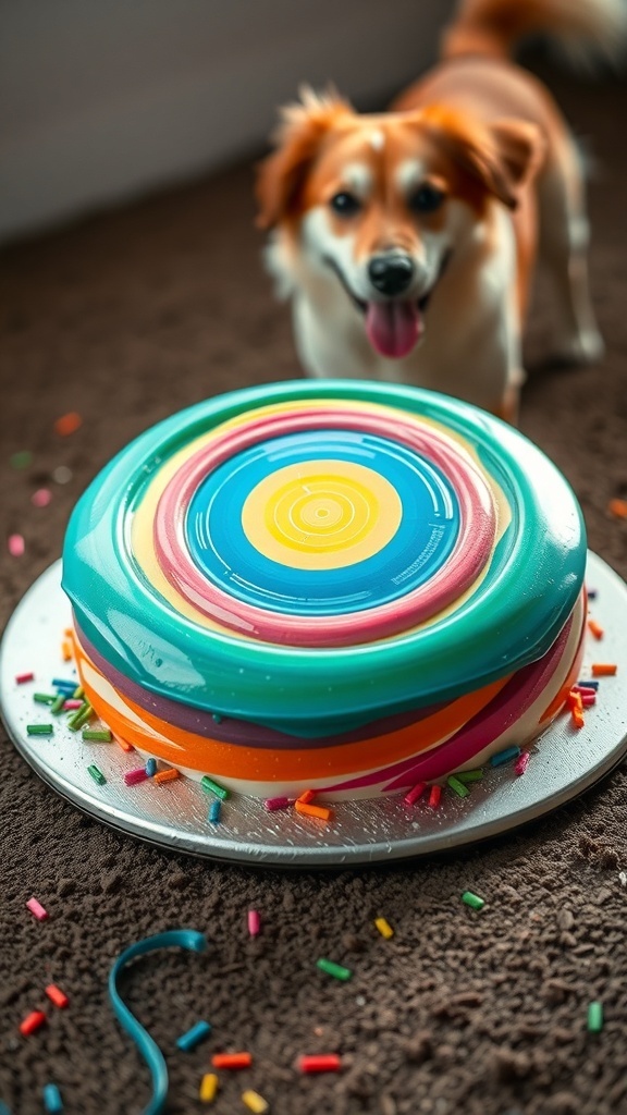 A colorful layered cake with sprinkles, with a happy dog in the background.