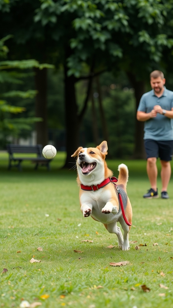 A happy dog running in a park with its owner, showcasing the joy of training.