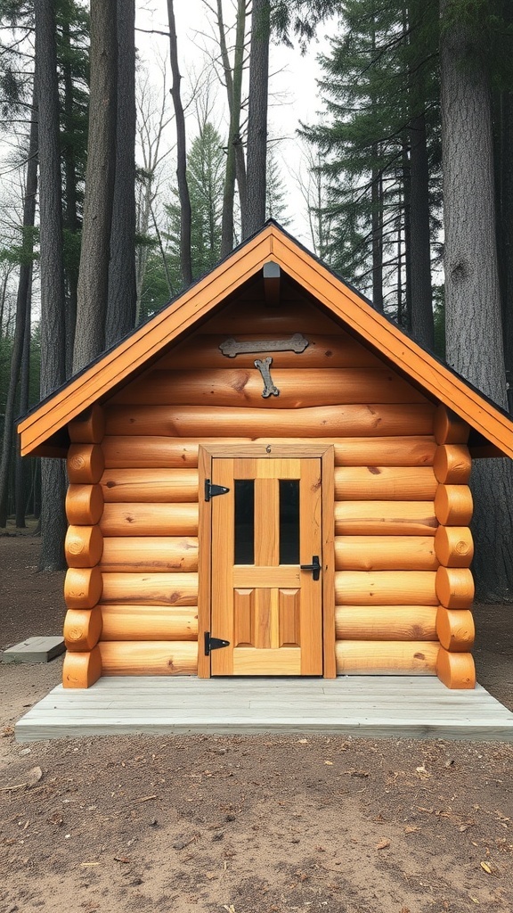 A rustic wooden dog cabin made of logs, featuring an A-frame roof and a wooden door with a small window, surrounded by trees.