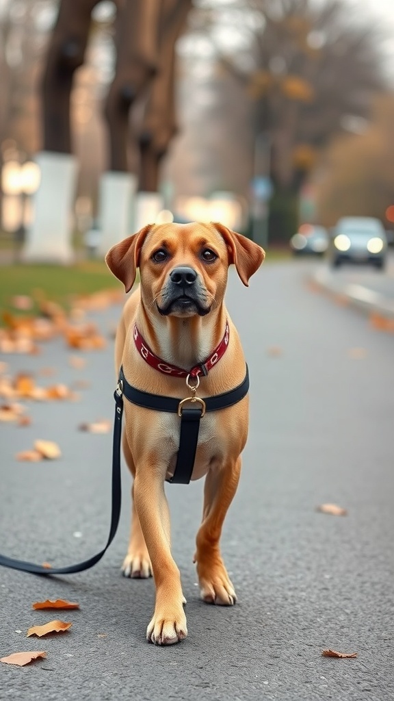 A person walking a dog in a stylish and comfortable outfit, featuring a jacket, leggings, and sneakers.