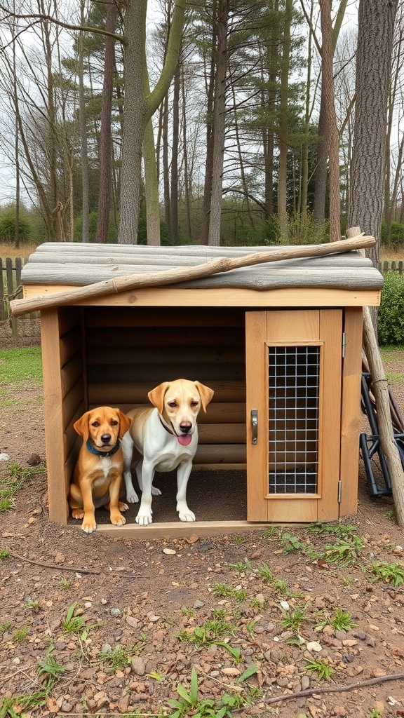 Two dogs sitting in a wooden dog kennel made from recycled materials, surrounded by trees.