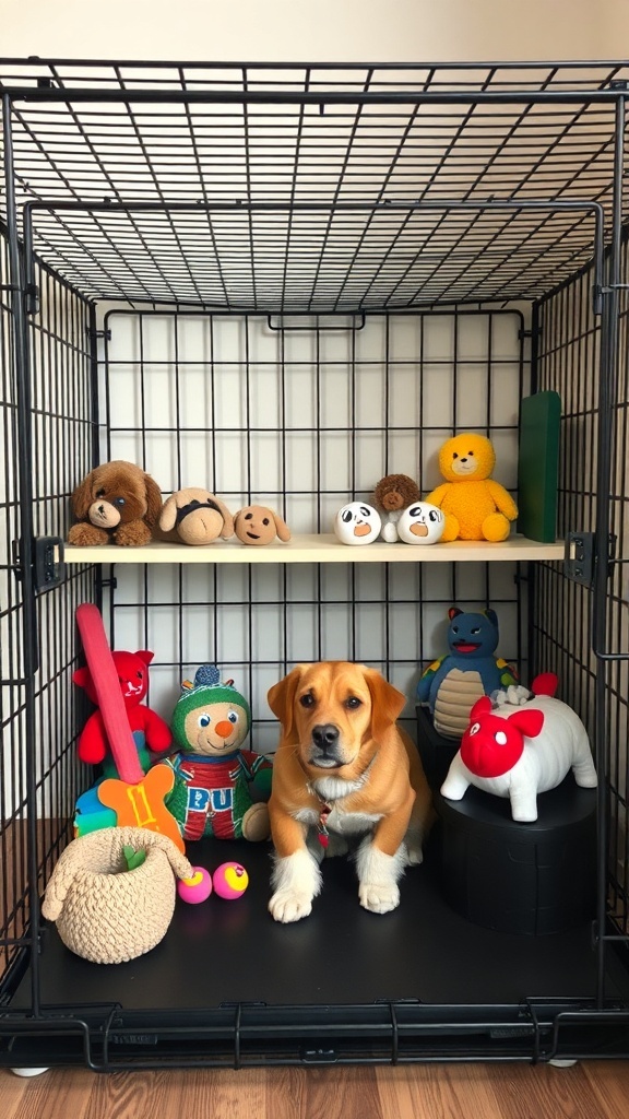 A dog sitting in a crate surrounded by colorful toys.