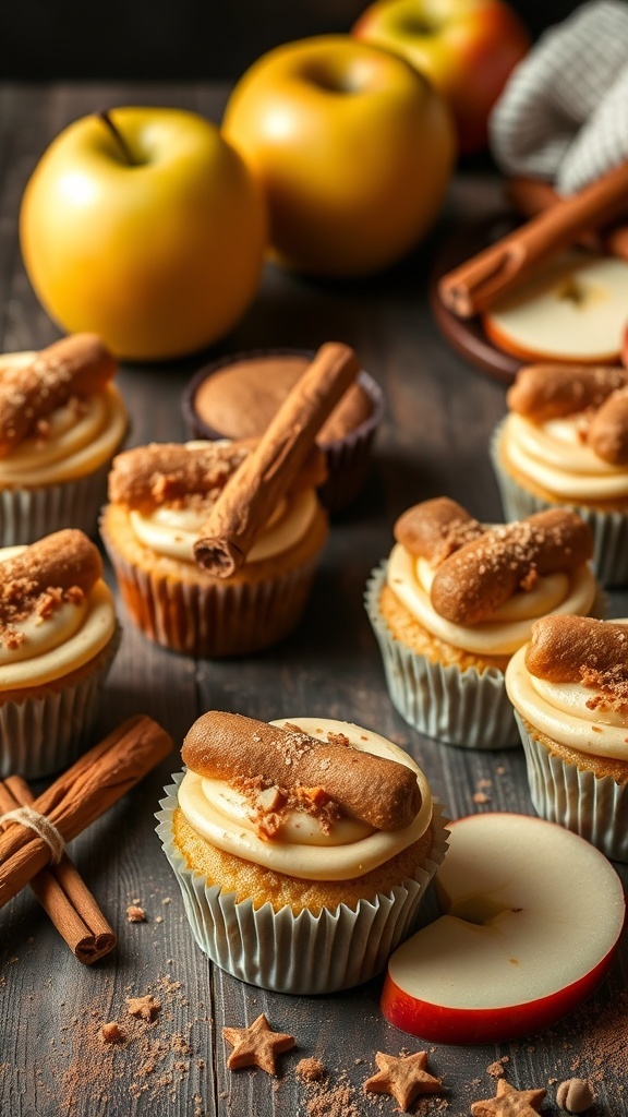 Delicious apple cinnamon dog cupcakes decorated with frosting, biscuits, and cinnamon sticks.