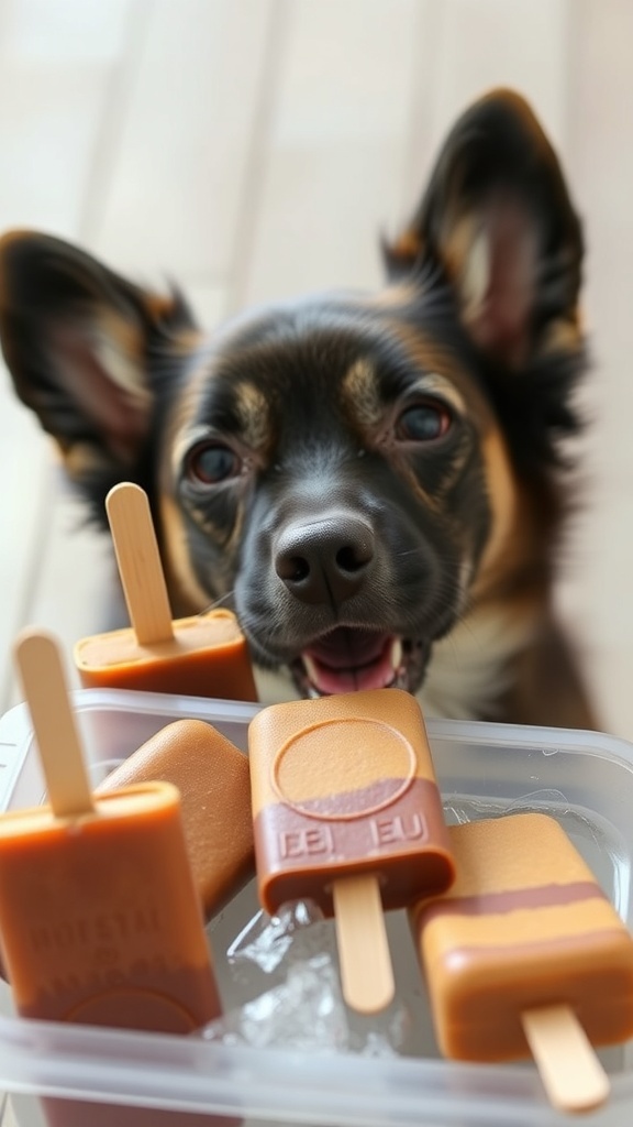 A dog looking at a tray of carob and peanut butter pupsicles.
