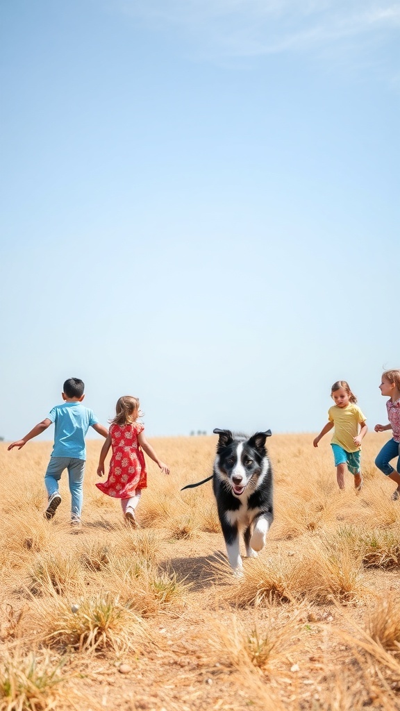 A collie running joyfully in a field with children playing in the background.