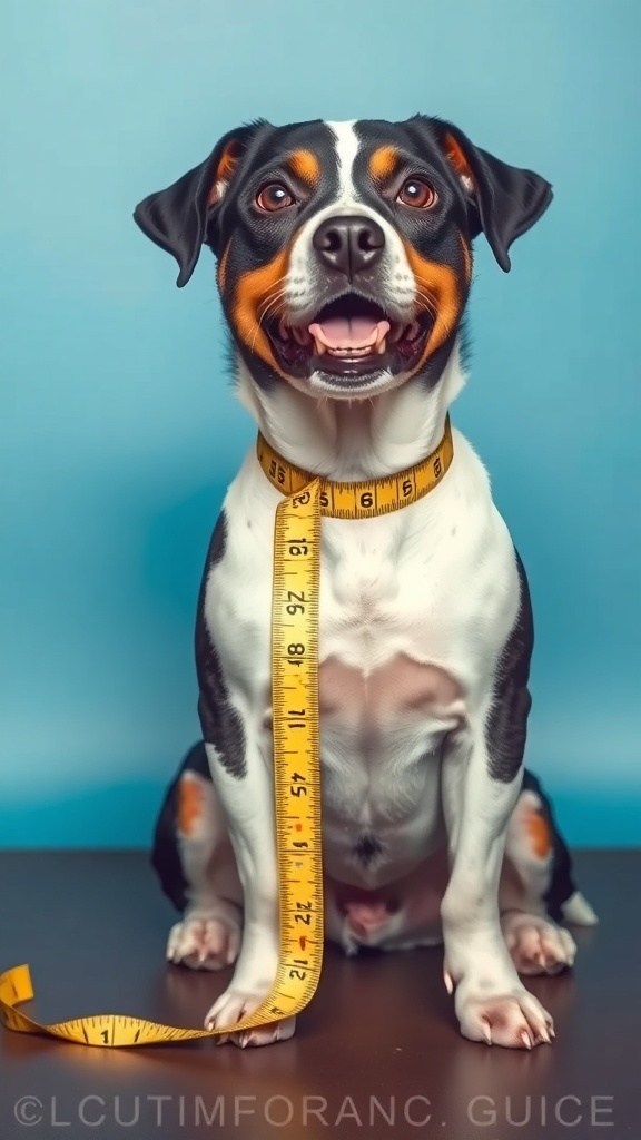A golden retriever sitting next to a measuring tape and a grid, illustrating how to measure a dog for a crate.