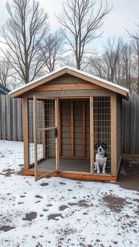 A weather-resistant dog kennel with a dog sitting inside, surrounded by snow and trees.