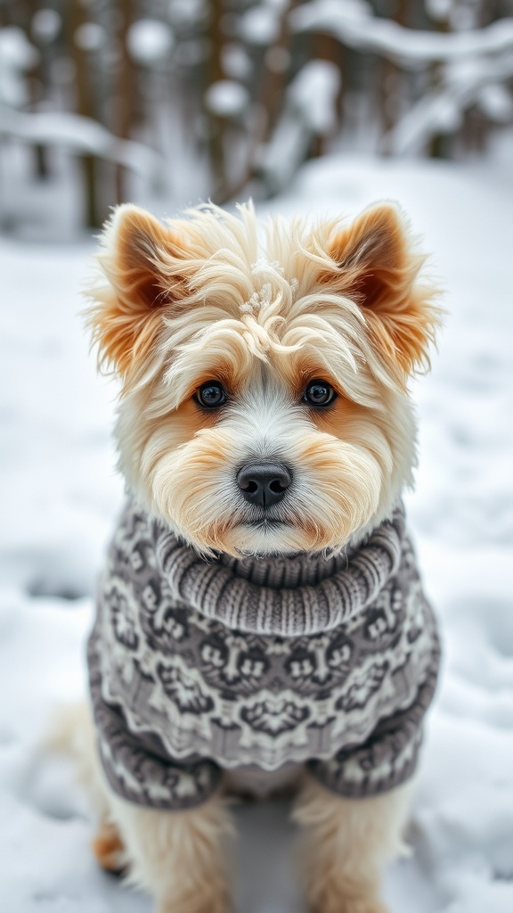 A dog in a cozy sweater sitting in the snow, highlighting winter grooming needs.