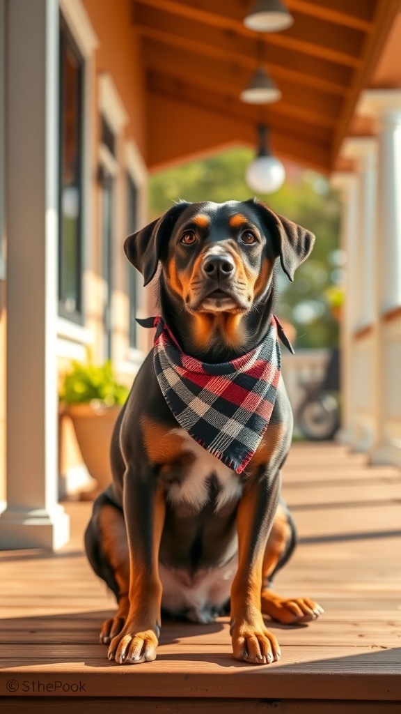 A dog wearing a plaid bandana, sitting on a porch.