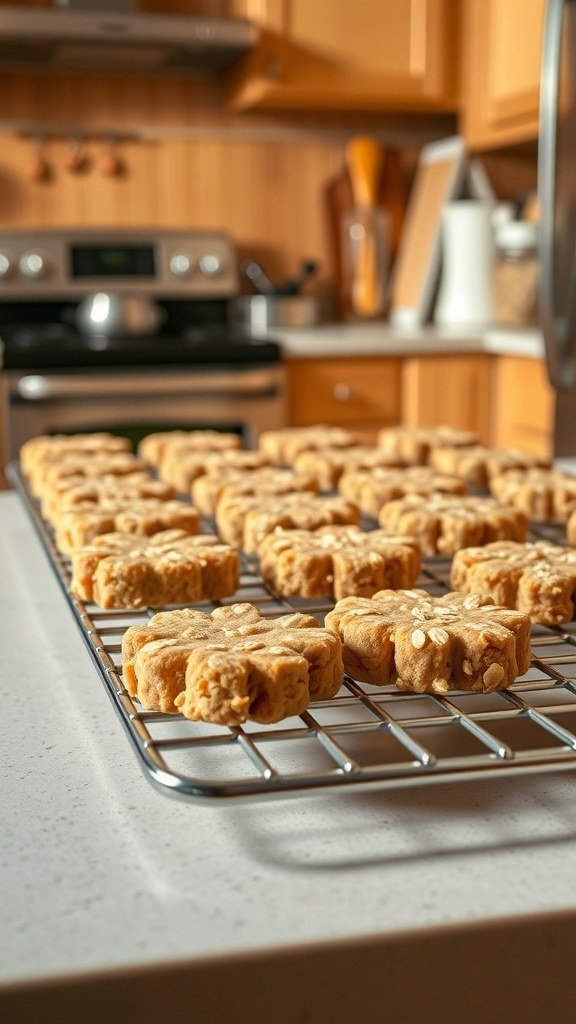 Cooling rack with homemade peanut butter and oatmeal dog treats shaped like flowers.