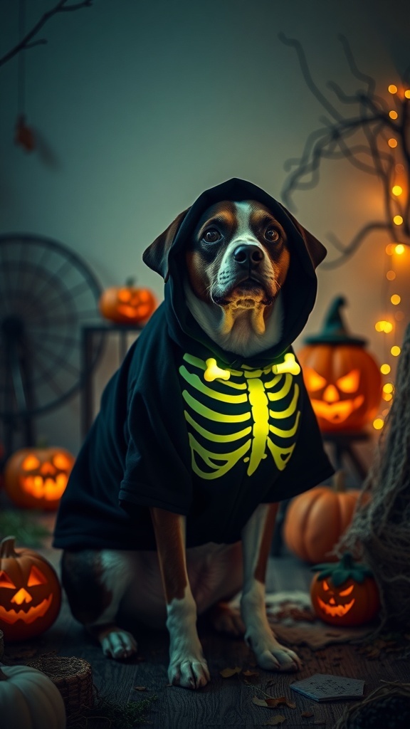 A dog wearing a black skeleton hoodie, sitting among Halloween decorations like pumpkins and lights.