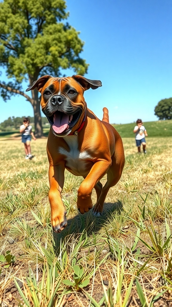 A Boxer dog running happily in a park with children playing in the background.