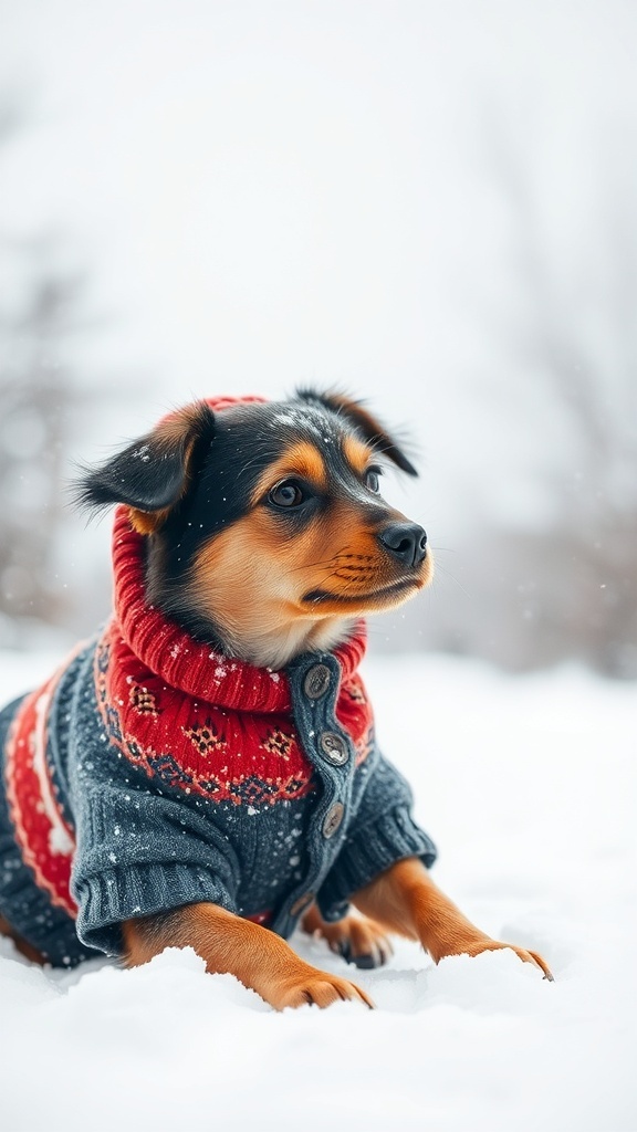 A dog wearing a cozy winter sweater in the snow