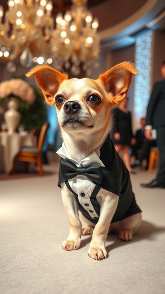 A small dog in a tuxedo sitting elegantly in a formal setting with a chandelier in the background.