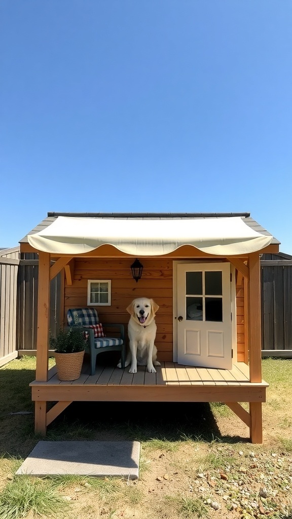 A wooden dog house with an outdoor deck, featuring a chair and a happy dog in front.