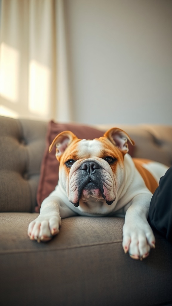A relaxed Bulldog lying on a couch, showcasing its calm demeanor and friendly nature.