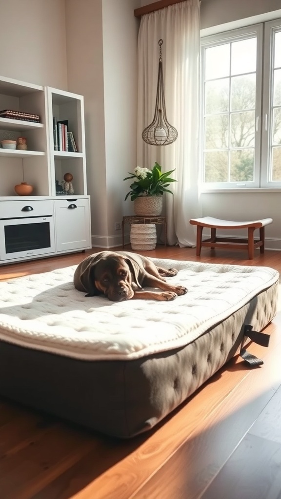 A cozy memory foam dog bed with a dog resting on it in a bright room.