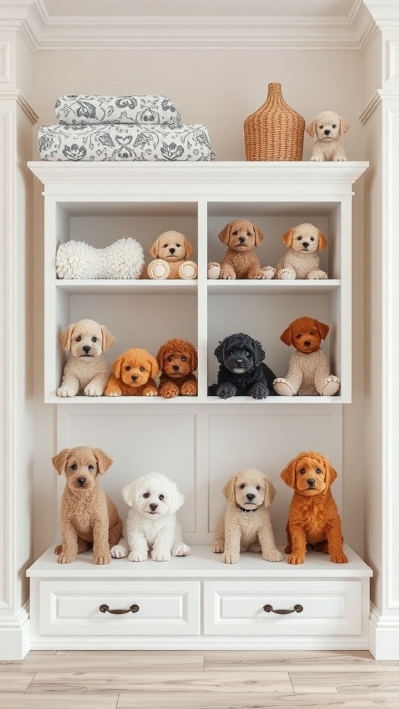 A shelf displaying plush dog toys in various colors and sizes, creating a playful and organized dog room design.