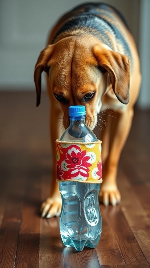 A dog playing with a DIY water bottle crunch toy, showcasing the fun and creativity of homemade dog toys.