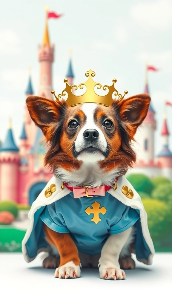 A dog dressed as a fairy tale character with a crown and cape, in front of a castle.
