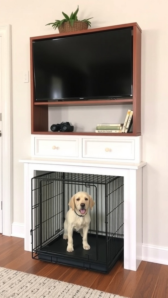 A custom built-in dog crate with a happy dog inside, integrated with a TV unit and decorative items.