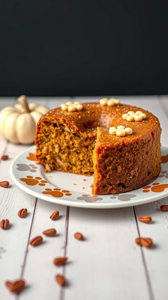 A pumpkin and oatmeal dog birthday cake decorated with paw prints, with a slice cut out, surrounded by coffee beans and a small pumpkin.