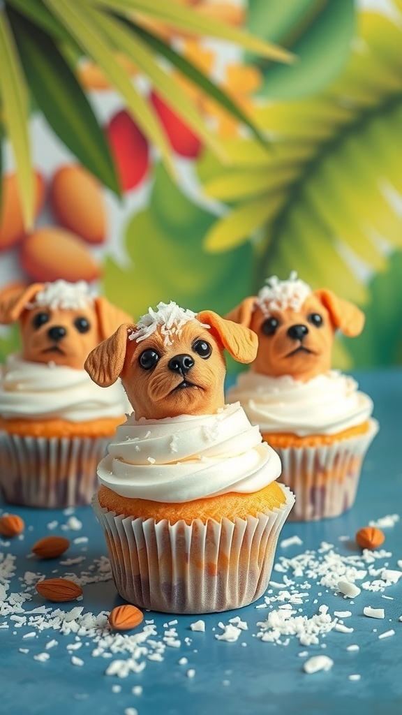 Cute dog cupcakes with frosting and coconut topping