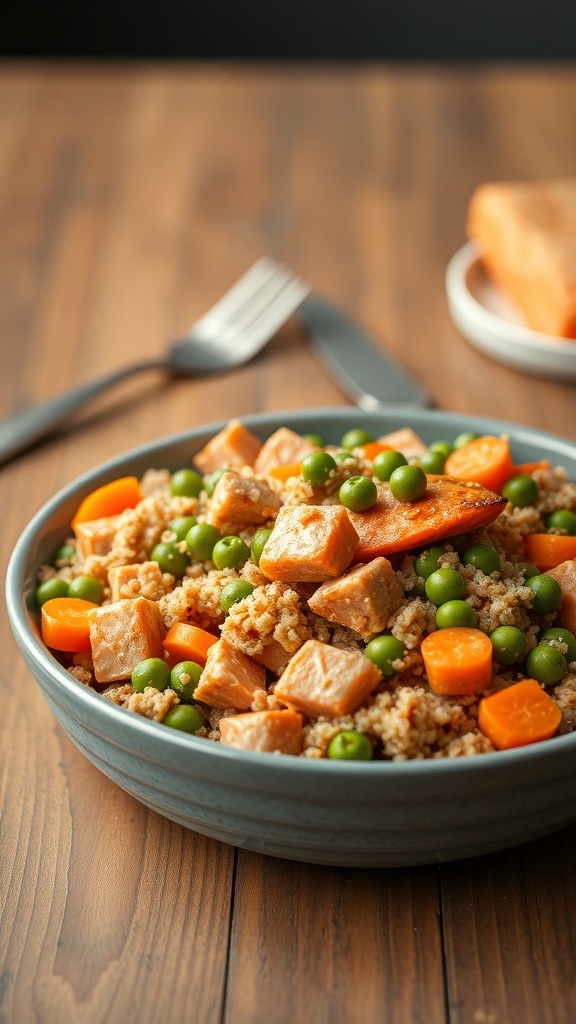 A bowl of salmon and quinoa dog food with carrots and peas, ready for a Goldendoodle.