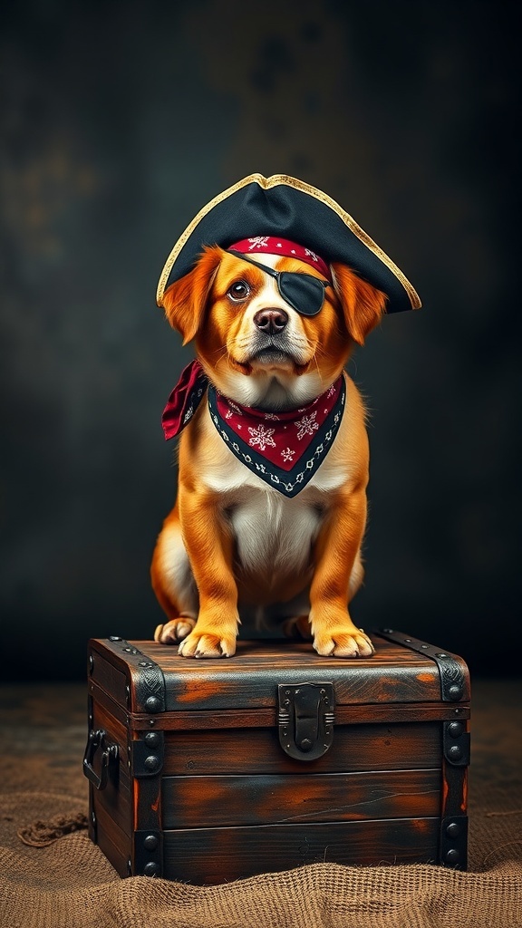 A dog dressed as a pirate, wearing a hat and eye patch, sitting on a treasure chest.