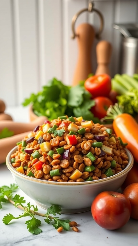 A colorful bowl of vegetable and lentil blend for dogs, surrounded by fresh vegetables.