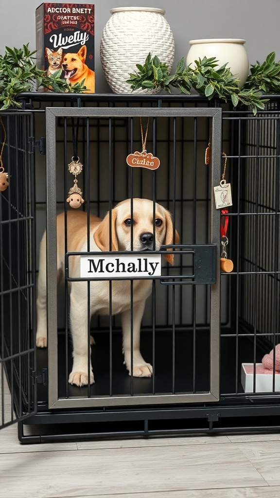 A personalized dog crate with a dog inside, decorated with greenery and a nameplate.