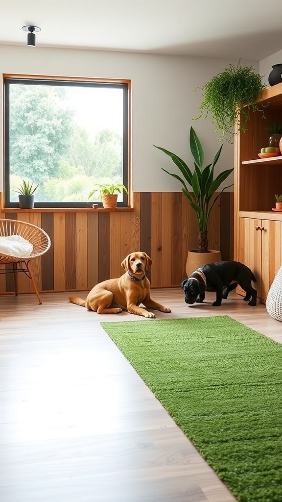 A cozy indoor space with two dogs, featuring a green rug, plants, and natural light from a large window.
