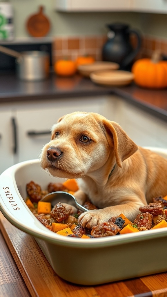 A dog sitting in a casserole dish filled with pork and pumpkin mixture, showcasing a homemade meal for pets.