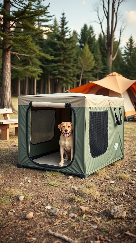 A happy dog inside a portable travel kennel in a forested area.