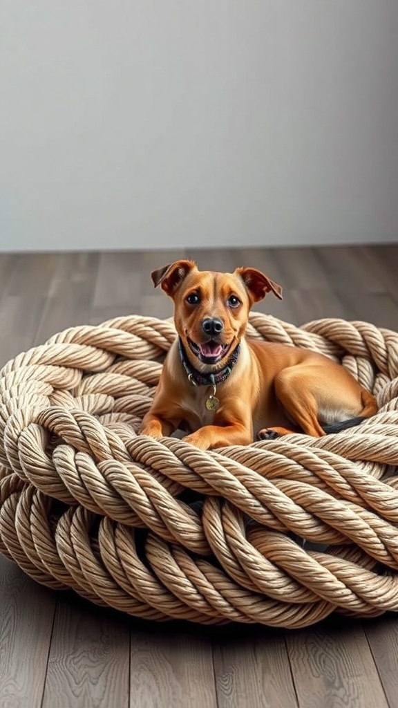 A happy dog lounging in a knotted rope dog bed on a wooden floor.