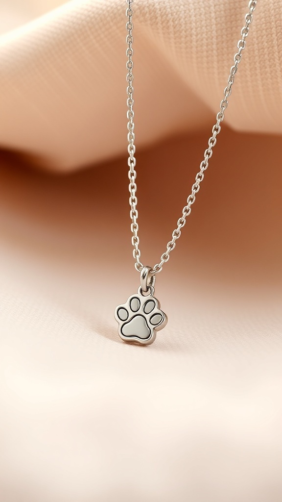 A silver necklace with a paw print charm on a soft fabric background.