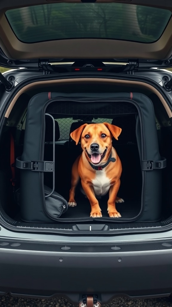 A happy dog sitting in a portable travel crate inside a car.