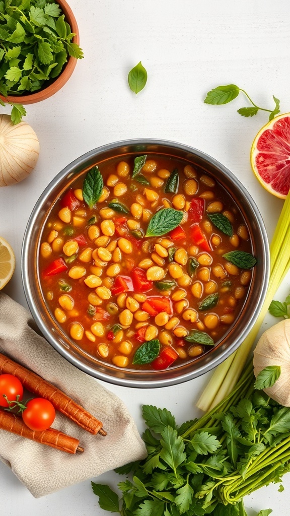 A colorful vegetable and lentil stew with fresh ingredients