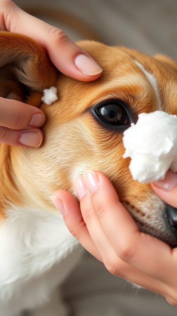 A person cleaning a dog's ear with a cotton pad