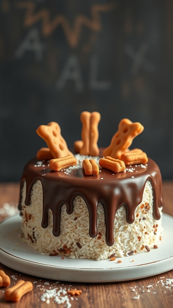 A delicious dog birthday cake made with coconut and carob, topped with dog biscuits.