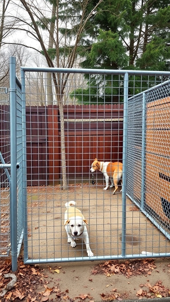 Outdoor dog kennel with chain link fence and privacy slats, featuring two dogs inside.