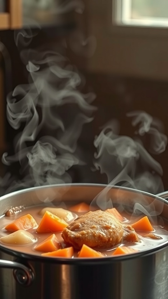 A pot of duck and carrot stew simmering on the stove